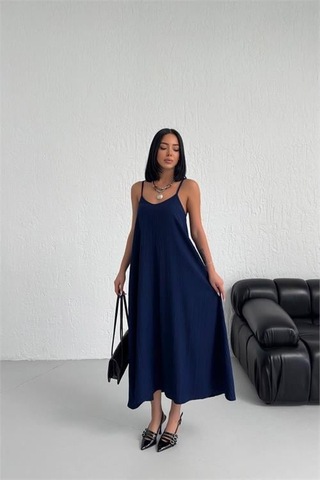 Dip Moda Kadın Lacivert Askılı İçi Astarlı Kaş Keten Elbise Dpmnbg017 Lacivert