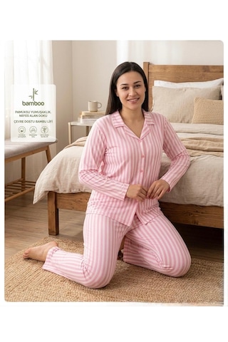 Oreiro Kadın Pembe Çizgili Bambu Pijama Takımı - Düğmeli Gömlek Yaka Uzun Kollu Ev Giyimi Seti Beyaz  -  Pembe
