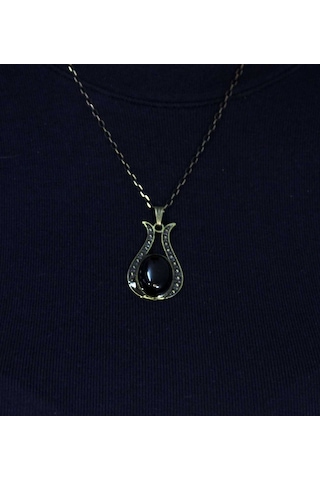 Doğal Taş Oniks Doğal Taşlı Lale Modelli Antik Kadın Kolye Euk44o Siyah