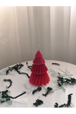 Çam Ağacı Desenli Yılbaşı Konseptli Dekoratif Mum, Tek Renk Kırmızı