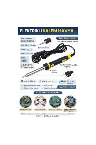 Profesyonel 60w Elektrikli Kalem Havya, Hızlı Isınan Lehimleme Kalemi, Elektronik Devre Onarım Ve Tamir Havya Aleti, Dayanıklı Metal Uçlu Lehimleme Aracı, Hobi, Dıy Projeleri Ve Elektrik Tamir İşleri