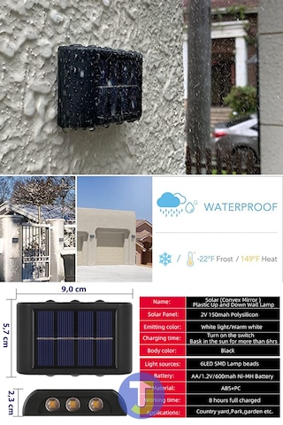 Technojet Modern Solar Güneş Enerjili 6 Ledli Bahçe Aydınlatması Aplik Sarı Işık Led Lamba 2 Adet