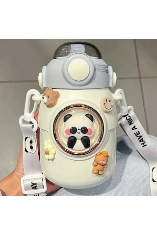 Elmpaly Çocuklar Termos Şişe Kawaii 700ml Paslanmaz Brown & Stickers Çok Renkli