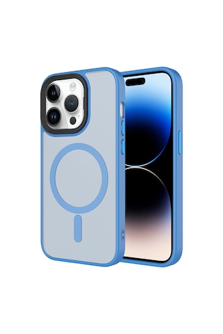 Apple Uyumlu iPhone 14 Pro Max Kılıf Mat Arka Yüzey Wireless Şarj Özellikli Mkst Flet M-safe Kapak - Açık Mavi Açık Mavi