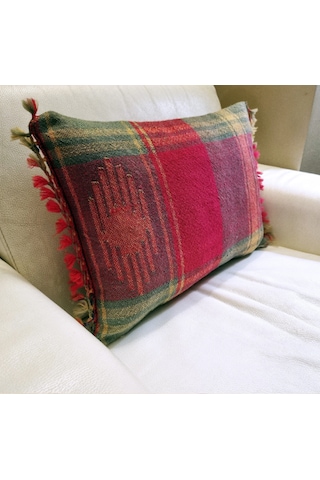 Pembe Mor Yeşil Kilim Dokuma Püsküllü Kırlent El Dokuma Bohem İçi Dolgulu Dekoratif Yastık