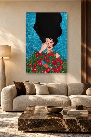 Fida Gözünü Eliyle Kapatan Kız Ve Kırmızı Güller Canvas Tablo Çok Renkli