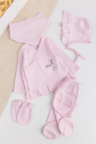 Tavşan Figürlü Pamuklu 5 Parça Kız Bebek Hastane Çıkışı Bebek Takımı Pembe