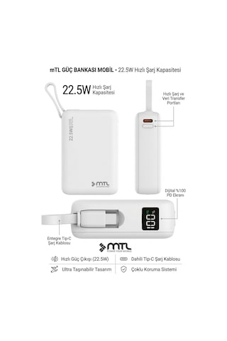 20000 Mah 22.5w Süper Hızlı Şarj Dahili Kablolu Led Göstergeli Pd Ve Qc 3.0 Powerbank Mt4550 Beyaz