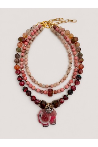 El Yapımı Pembe Opal, Rodonit & Pembe Akik Doğal Taş Kolye Seti