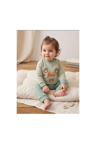 Deniva Kids Bebek Mint Yeşili Çizgili Kabartma Ayıcık Nakışlı Pamuklu 2'li Alt Üst Takım Yeşil