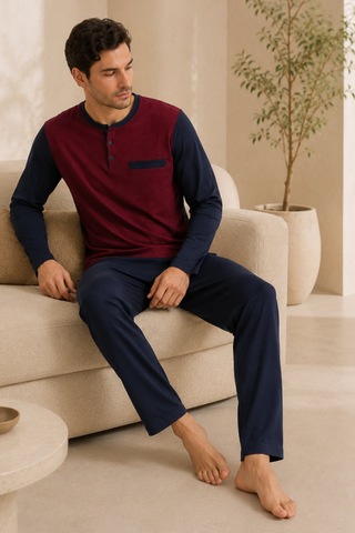 Loule Erkek Bordo Jakarlı Penye Yazlık Kışlık Pijama Seti 4 Parça