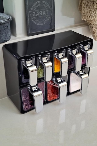 Herevin Sekizli Standlı Baharatlık Seti Krom Kulplu Siyah Kapak 161280-820 Siyah - Krom