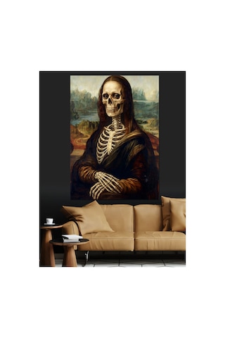 Mona Lisa Tarzında İskelet Portresi Yağlı Boya Dokulu Kanvas Tablo Canvas Tablosu