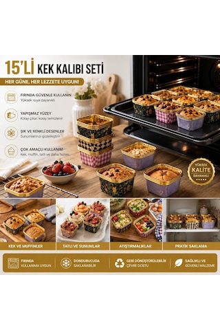 15 Li Kare Kek Kalıbı Seti Renkli Desenli Tek Kullanımlık Pişirme Ve Sunum Kabı, Muffin, Cupcake, Kek Ve Tatlı İçin Fı Resimdeki