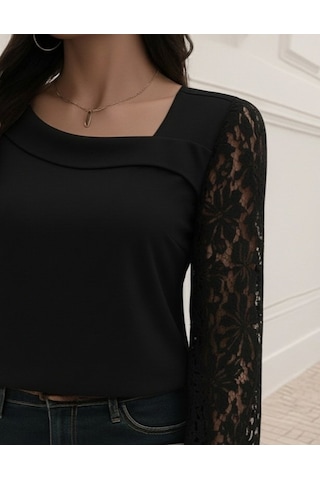 Tua Moda Kadın Uzun Kollu Asimetrik Yakalı Dantelli Ithal Krep Bluz Siyah