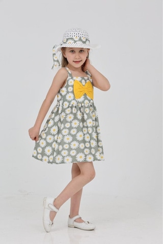 Papatya Baskılı Askılı Şapkalı Elbise Yeşil