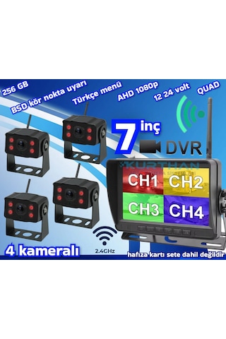 4 Adet Kablosuz Kamera Ahd 1080p 7 İnç Dvr Monitör Bsd Kör Nokta Sistemli 12 24 V