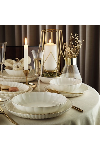 Kütahya Porselen Bone Luz Form 52 Parça Yemek Takımı Altın File