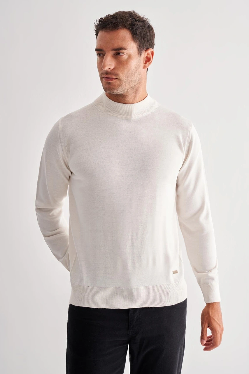 İmza Krem Yarım Balıkçı Yaka Cepsiz Comfort Fit Classic Yünlü Triko Kazak 1012255001 Krem