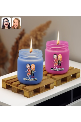 Bk Gift Kişiye Özel Dtf Karikatürlü 2 Li Mavi Ve Pembe Renkli Cam Kavanozda Kokulu Mum-2, Arkadaşa Hediye, Sevgiliye Hediye