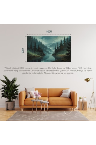 Doğa Ve Manzara Yatay Yoğun Ağaçlar Ve Gizli Göl, Sisli Vadi, Gizemli Ruh Hali Soluk Renkler 01 Çerçevesiz 90x60cm Pvc Tablo