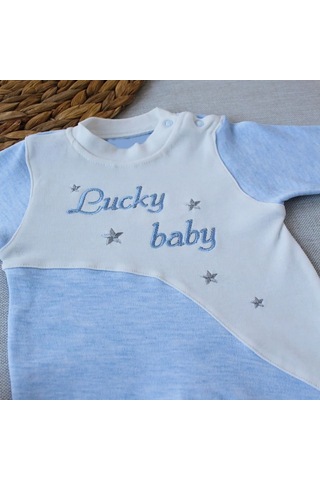 Candar Lucky Baby Nakışlı Çizgili Şapkalı Erkek Bebek Tulumu 0-3 / 3-6 Ay Mavi