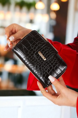 Newish Polo Patlı Kapaklı Fermuarl Cüzdan Kroko Desenli Orta-siyh Siyah