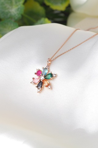 Zanaatsilver 925 ayar Gümüş Zincirli Mix taşlı Rose kaplama Lotus Kamelya Çiçeği kolye