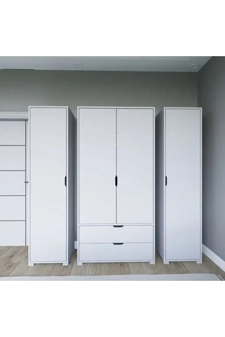 Duru Mat Beyaz 4 Kapılı 2 Çekmeceli Elbise Dolabı - Gardırop Seti Beyaz