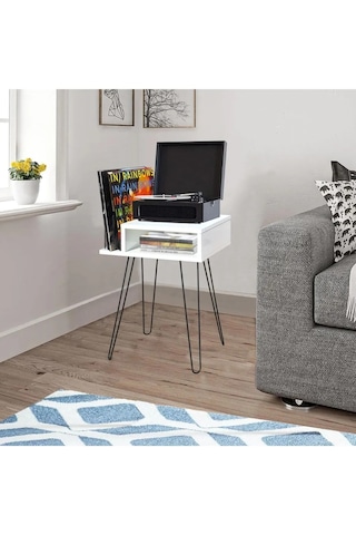 Beyaz Plak Ve Pikap Sehpası Metal Ayaklı