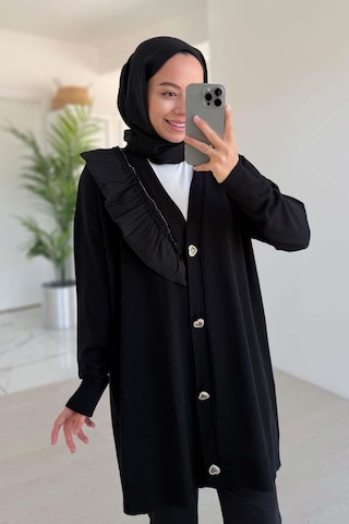 Ka Hijab Omzu Fırfır Merserize Hırka - Siyah Siyah