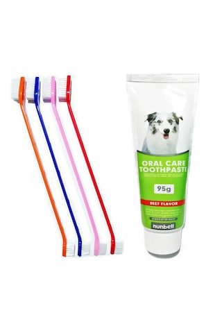 Nunbell Biftek Aromalı Köpek Diş Macunu 95 G + Diş Fırçası 4'lü