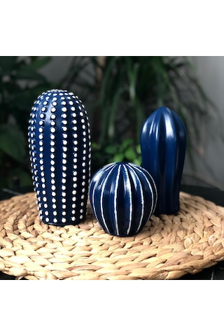 Thiramis Dekoratif 3'lü Kaktüs Lacivert Beyaz Detay