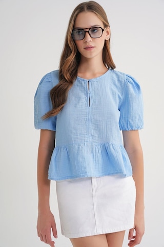 4713 Kadın Beli Büzgülü Kolu Lastikli Bol Müslin Bluz Bebe Mavi Bebe Mavi