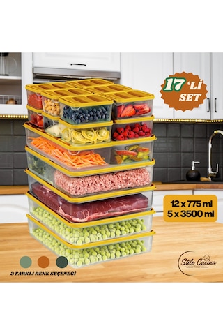 17'li Buzdolabı Düzenleyici Organizeri Mikrodalgaya Uygun Difriz Saklama Kabı 5x3500ml 12x775ml Turuncu