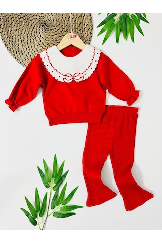 Fiyonk Nakış Yakalı Fitilli Tayt Mevsimlik 2 Parça Set Kırmızı