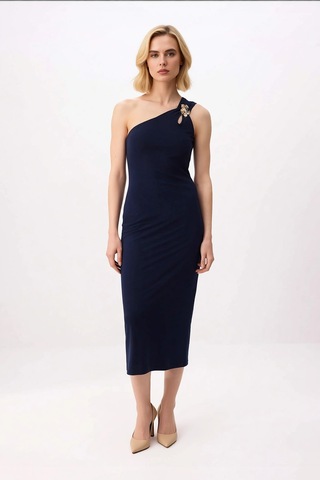 Benerly Kadın Asimetrik Yaka Tek Omuz Bodycon Midi Elbise Aksesuar Detayl Lacivert