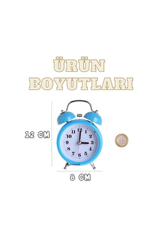 Mini Yuvarlak Çalar Saat, Mavi, Metal, 12x8 Cm, Işıklı, Alarmlı, Dekoratif Masa Saati Diğer