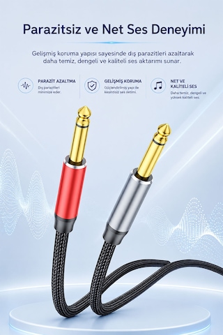 3.5mm - Çift 6.35mm Stereo Ses Kablosu 1.5 Metre, Amfi Mixer Gitar Hoparlör Sahne Ekipmanı Uyumlu, Sağ Sol Kanal, Altın Kaplama, Naylon Örgülü, Parazit Önleyici A160e