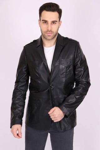 Erkek Siyah Hakiki Deri Yakalı Casual Klasik Ceket Mont