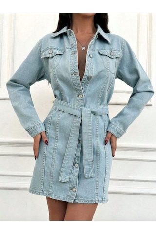 Shevega Kadın Buz Mavi Kuşakli Kot Elbise Mavi