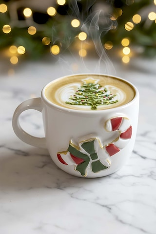 Rivaistanbul Şeker Baston Amore 24 K Altın Süslemeli El Yapımı Yılbaşı Hediyesi Seramik Double Kahve Fincanı, Mug, Kupa Çok Renkli