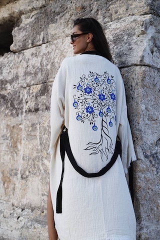 Befera Müslin Kimono Pamuklu Nazar Boncuk Baskılı Desenli Bornoz Kaftan Sabahlık Ekru