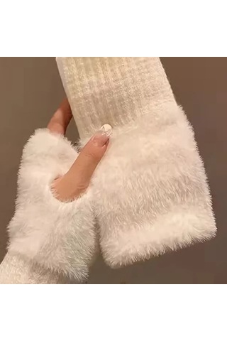 Solezon Kadın Peluş Eldiven Parmaksız Termal Sıcak, Yumuşak Ve Şık Kışlık Eldiven 1 Çift Beyaz