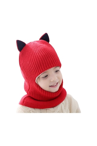 Hqgoodstore Sonbahar Ve Kış Yeni Moda Basit Saf Renk Çocuklar Sevimli Küçük Tilki Kulakları Artı Kadife Kalın Sıcak Örgü Yapışık Şapka Kırmızı Kırmızı Küçük Tilki Kulakları Kırmızı
