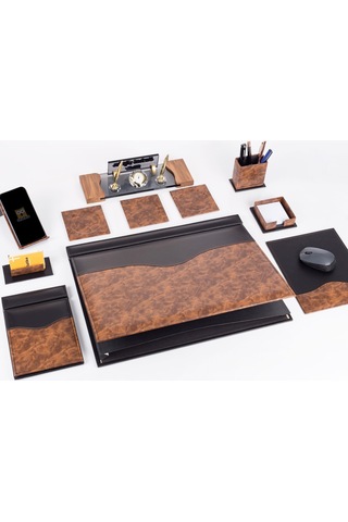 9 Parça Kök Ağaç Ahşap Desen Siyah Lüks Sümen Takımı Elit Kristal Ofis Masa İsimliği Sümen Seti