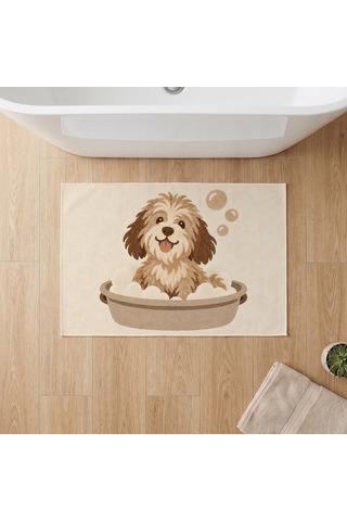 Kartela Halı Köpek Desenli Banyo Paspası Bej Kaymaz Taban Makinede Yıkanabilir 50x75 Cm
