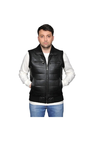 Asyaclub Max Hakiki Deri Erkek Siyah Trikolu Şişme Yelek Siyah