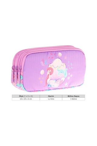Kaukko Kids Üç Bölmeli Pembe Lila, Denizkızı, Kız Çocuk Okul Kalemliği - L8225 Lila - Beyaz