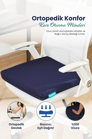 Kare Ortopedik Visco Oturma Minderi Bel, Basen Ve Baldır Destekli %100 Visco Minder - 45x43x6cm Lacivert